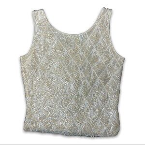 VINTAGE 60s Windowpane Pearl Bead Fringe Iridescent Sequin Wool Sleeveless Top M